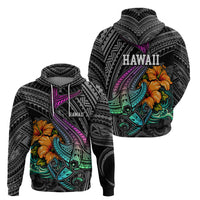 Hawaii Polynesian Hoodie with Tribal Hammerhead Sharks and Hibiscus Black TS04 - Polynesian Pride