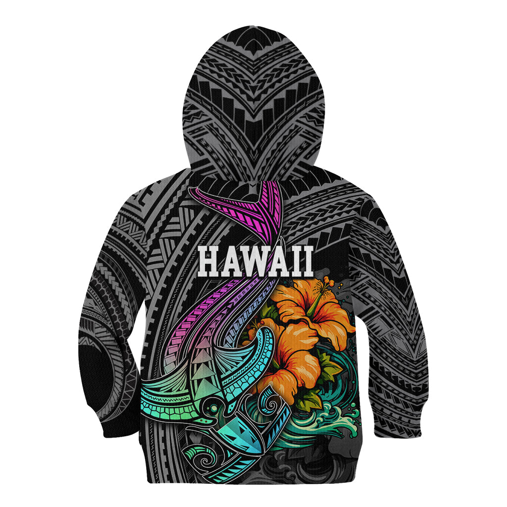 Hawaii Polynesian Kid Hoodie with Tribal Hammerhead Sharks and Hibiscus Black TS04 - Polynesian Pride