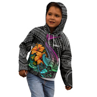 Hawaii Polynesian Kid Hoodie with Tribal Hammerhead Sharks and Hibiscus Black TS04 - Polynesian Pride