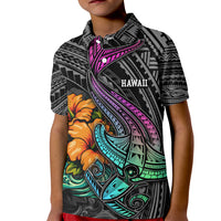 Hawaii Polynesian Kid Polo Shirt with Tribal Hammerhead Sharks and Hibiscus Black TS04 Kid Black - Polynesian Pride