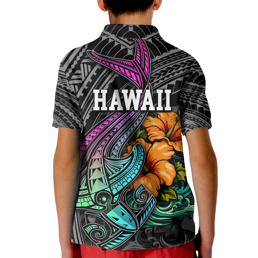 Hawaii Polynesian Kid Polo Shirt with Tribal Hammerhead Sharks and Hibiscus Black TS04 - Polynesian Pride