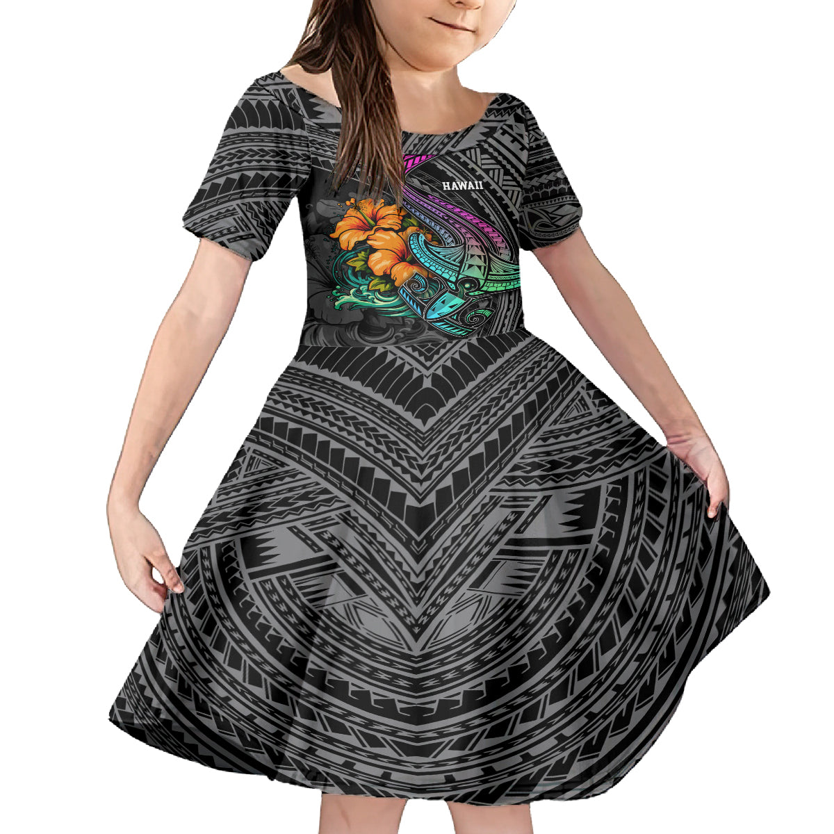 Hawaii Polynesian Kid Short Sleeve Dress with Tribal Hammerhead Sharks and Hibiscus Black TS04 KID Black - Polynesian Pride
