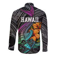 Hawaii Polynesian Long Sleeve Button Shirt with Tribal Hammerhead Sharks and Hibiscus Black TS04 - Polynesian Pride