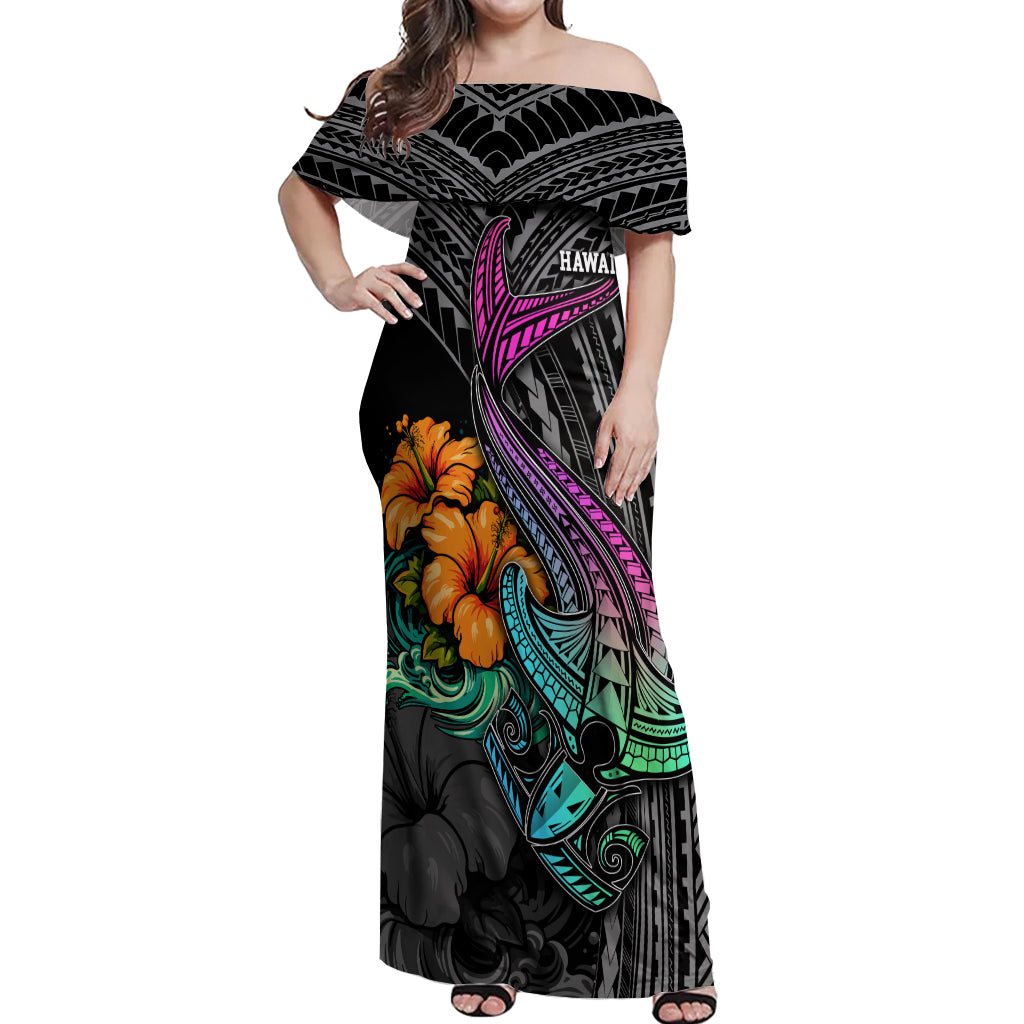 Hawaii Polynesian Off Shoulder Maxi Dress with Tribal Hammerhead Sharks and Hibiscus Black TS04 Women Black - Polynesian Pride