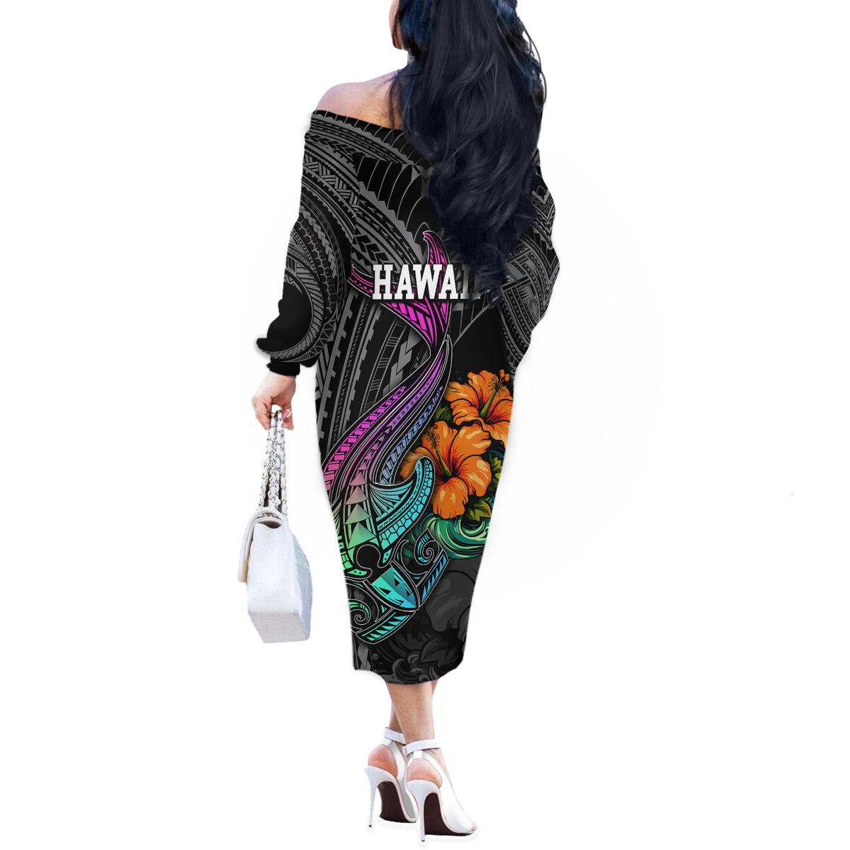 Hawaii Polynesian Off The Shoulder Long Sleeve Dress with Tribal Hammerhead Sharks and Hibiscus Black TS04 - Polynesian Pride