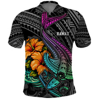 Hawaii Polynesian Polo Shirt with Tribal Hammerhead Sharks and Hibiscus Black TS04 Black - Polynesian Pride