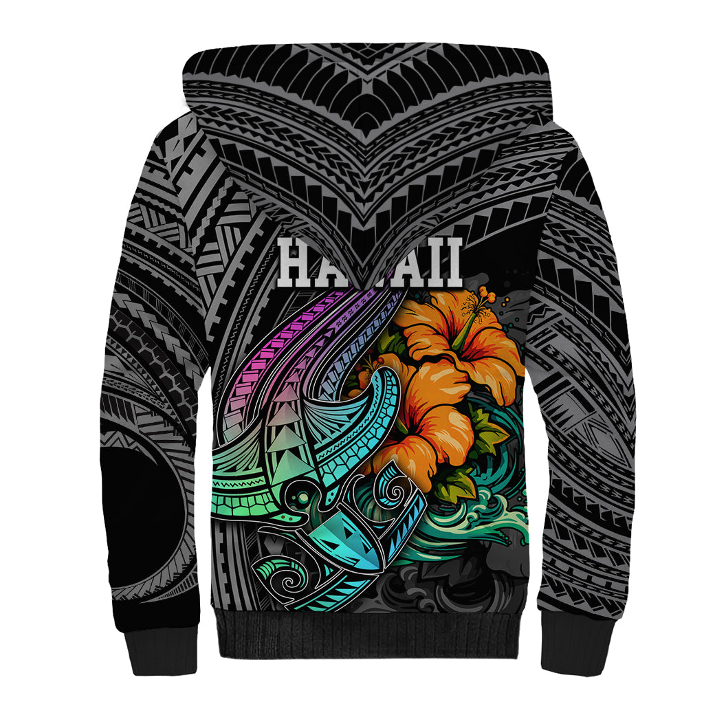 Hawaii Polynesian Sherpa Hoodie with Tribal Hammerhead Sharks and Hibiscus Black TS04 - Polynesian Pride