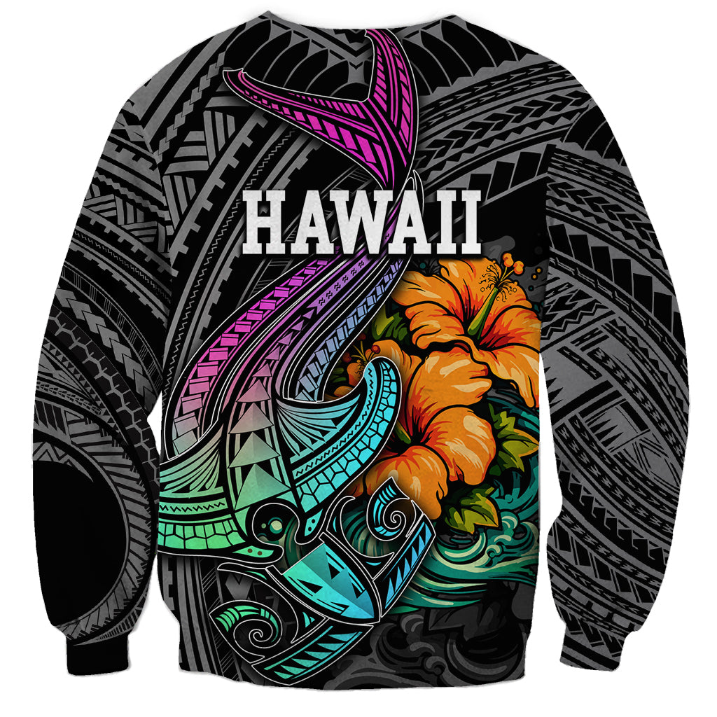Hawaii Polynesian Sweatshirt with Tribal Hammerhead Sharks and Hibiscus Black TS04 - Polynesian Pride