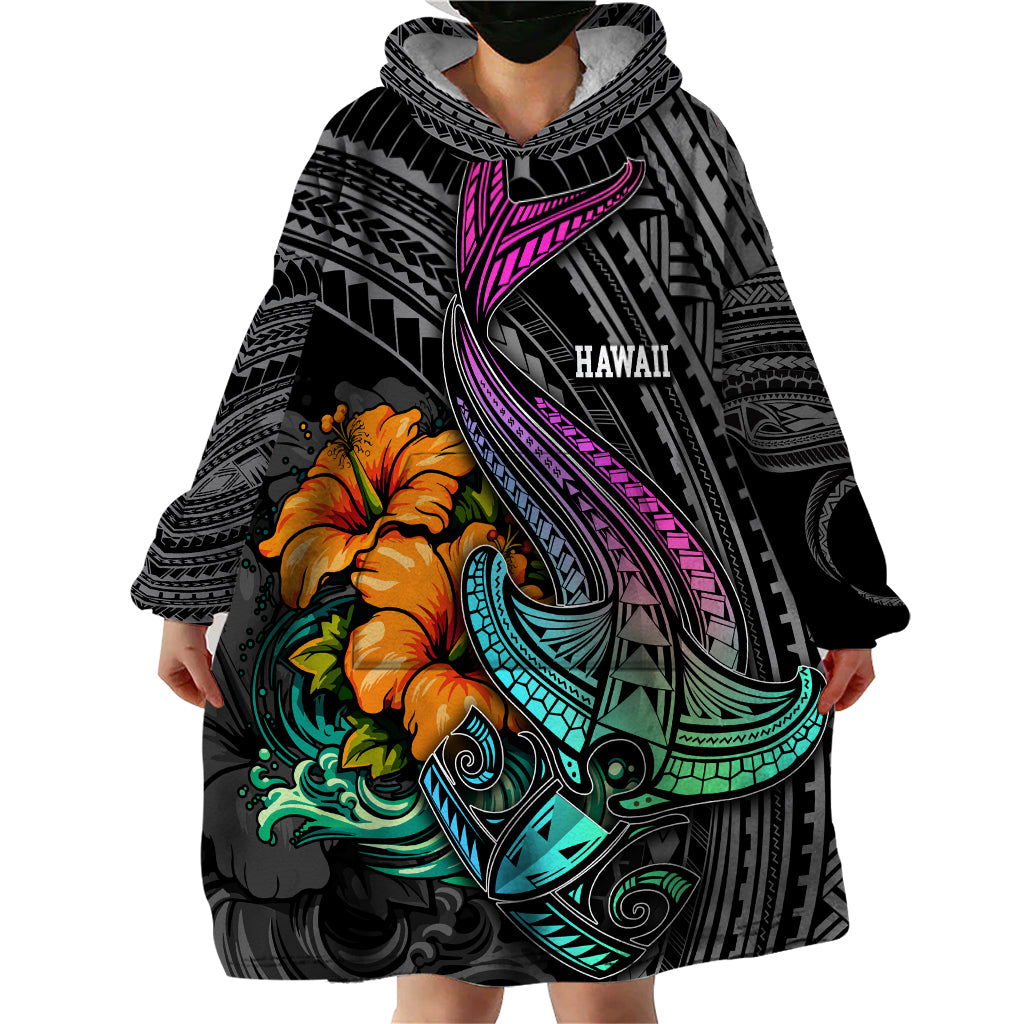 Hawaii Polynesian Wearable Blanket Hoodie with Tribal Hammerhead Sharks and Hibiscus Black TS04 - Polynesian Pride