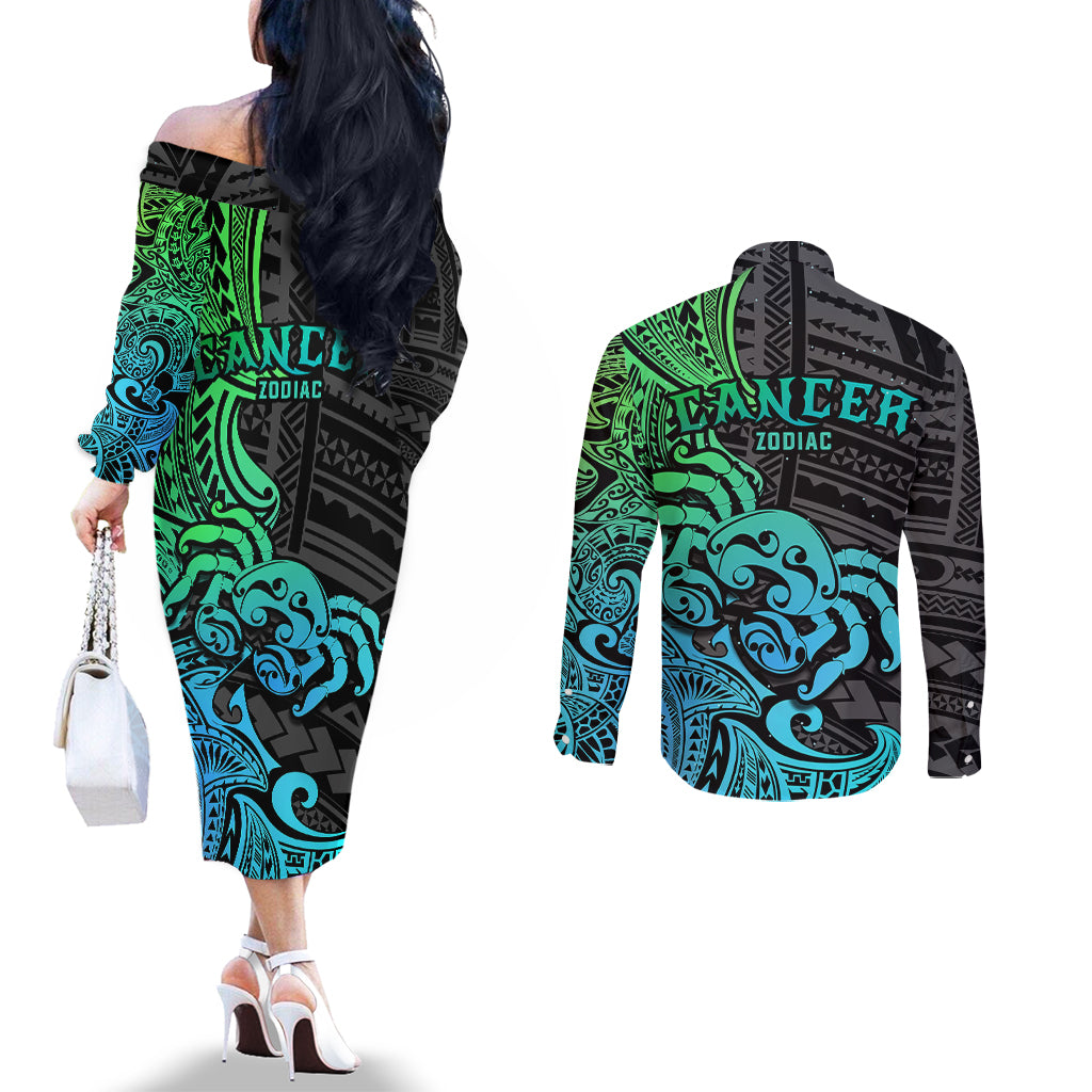Zodiac Cancer Couples Matching Off The Shoulder Long Sleeve Dress and Long Sleeve Button Shirts Polynesian in Gradient Blue TS04 - Polynesian Pride