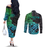 Zodiac Cancer Couples Matching Off The Shoulder Long Sleeve Dress and Long Sleeve Button Shirts Polynesian in Gradient Blue TS04 - Polynesian Pride