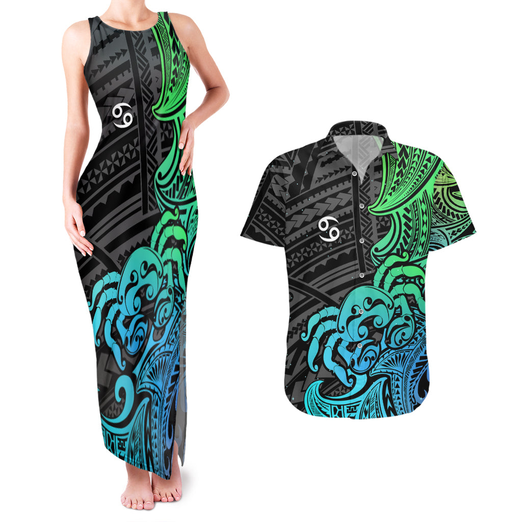 Zodiac Cancer Couples Matching Tank Maxi Dress and Hawaiian Shirt Polynesian in Gradient Blue TS04 Gradient Blue - Polynesian Pride