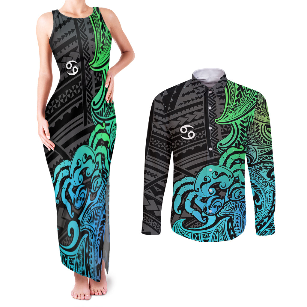 Zodiac Cancer Couples Matching Tank Maxi Dress and Long Sleeve Button Shirts Polynesian in Gradient Blue TS04 Gradient Blue - Polynesian Pride