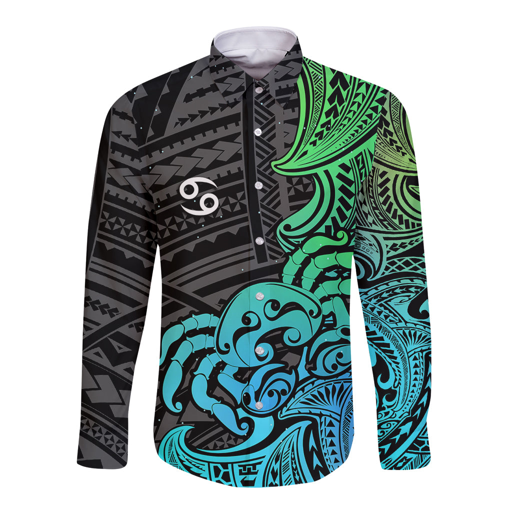 Zodiac Cancer Long Sleeve Button Shirt Polynesian in Gradient Blue TS04 Unisex Gradient Blue - Polynesian Pride