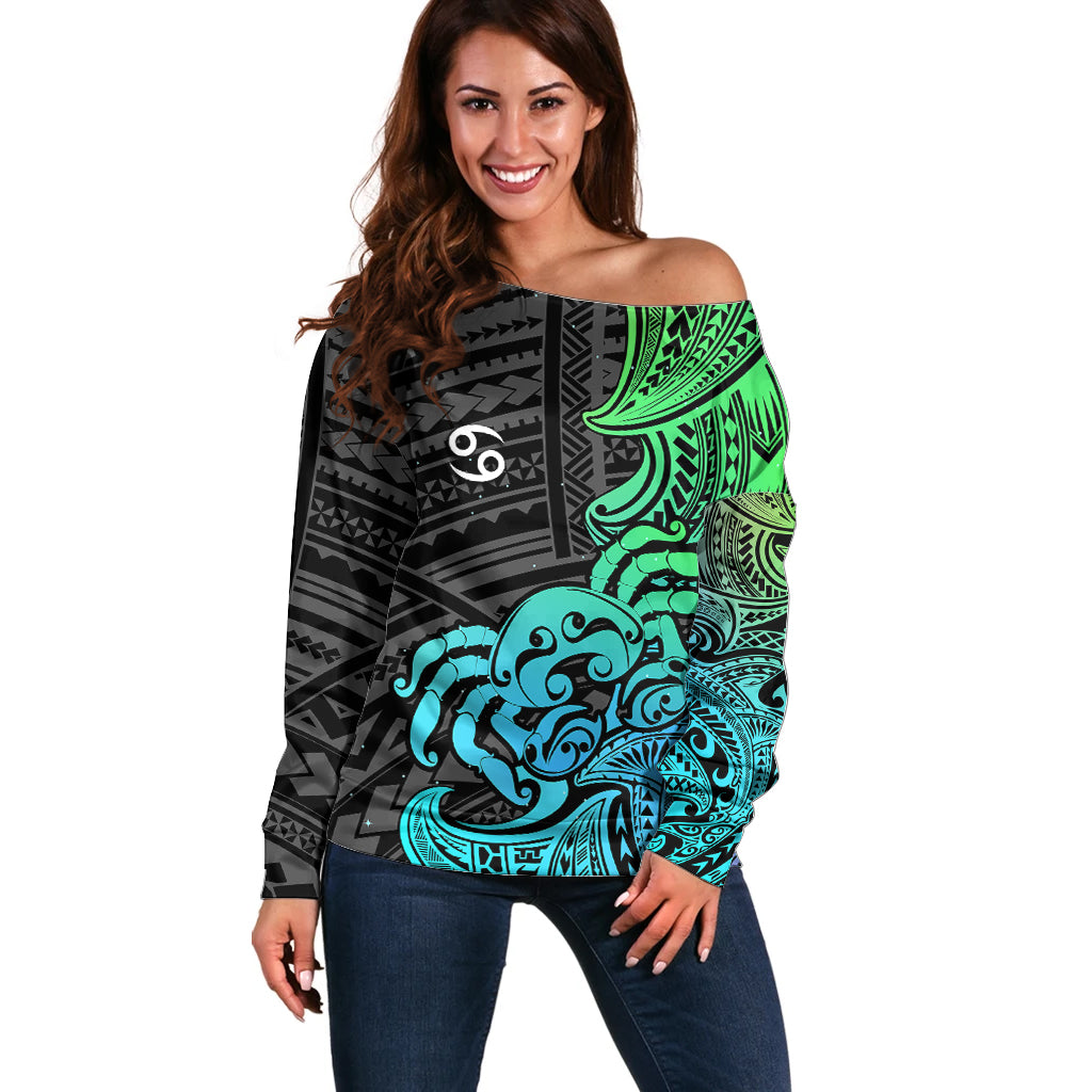 Zodiac Cancer Off Shoulder Sweater Polynesian in Gradient Blue TS04 Women Gradient Blue - Polynesian Pride