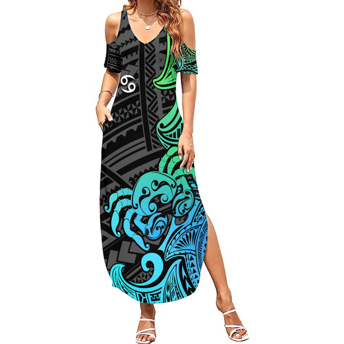 Zodiac Cancer Summer Maxi Dress Polynesian in Gradient Blue TS04 Women Gradient Blue - Polynesian Pride