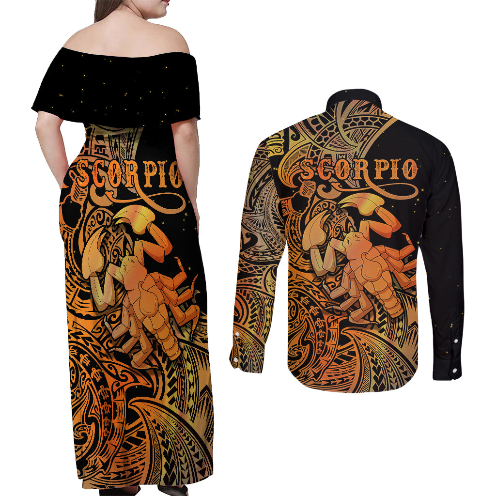 Zodiac Scorpio Couples Matching Off Shoulder Maxi Dress and Long Sleeve Button Shirts Polynesian in Orange TS04 - Polynesian Pride
