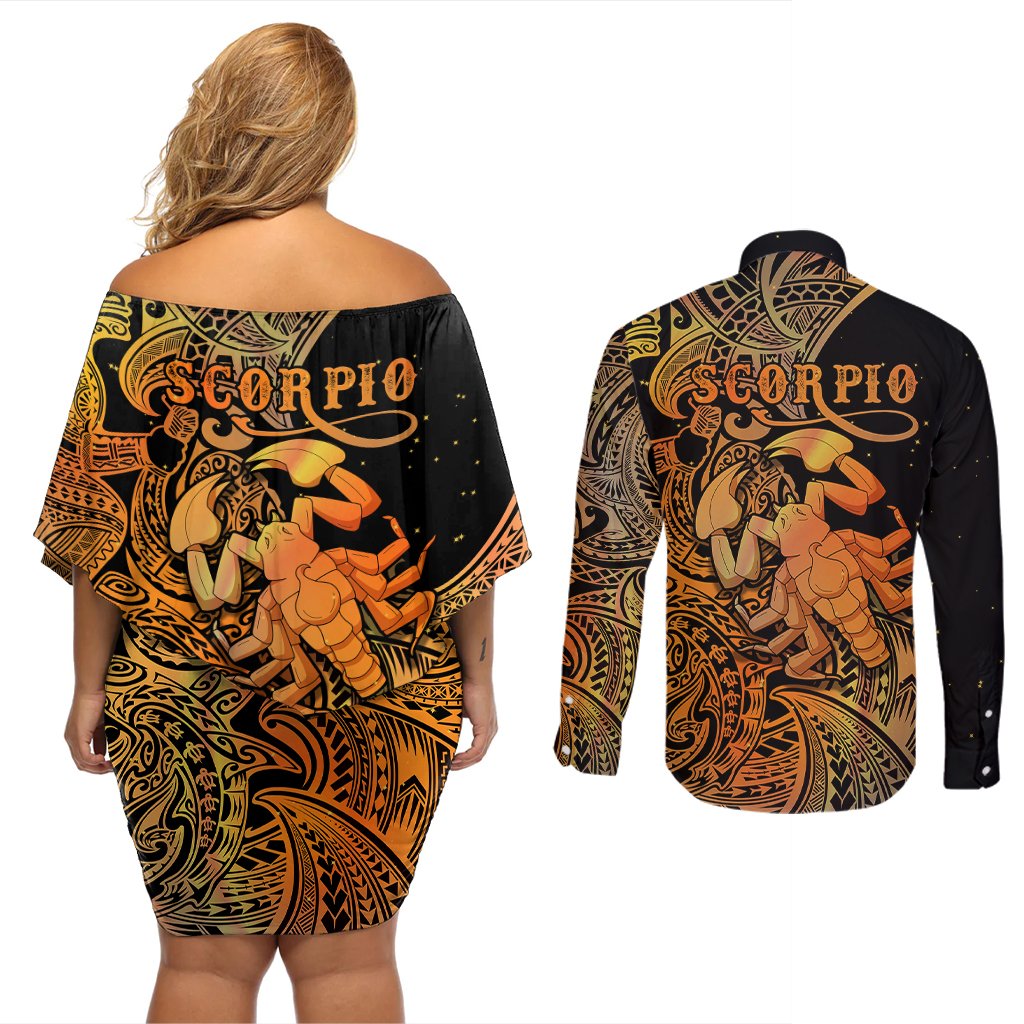 Zodiac Scorpio Couples Matching Off Shoulder Short Dress and Long Sleeve Button Shirts Polynesian in Orange TS04 - Polynesian Pride