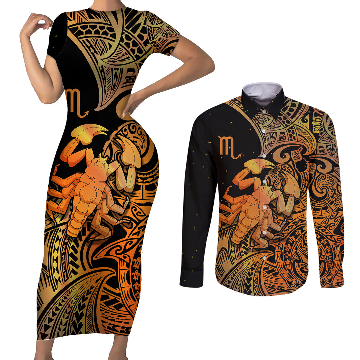 Zodiac Scorpio Couples Matching Short Sleeve Bodycon Dress and Long Sleeve Button Shirts Polynesian in Orange TS04 Orange - Polynesian Pride