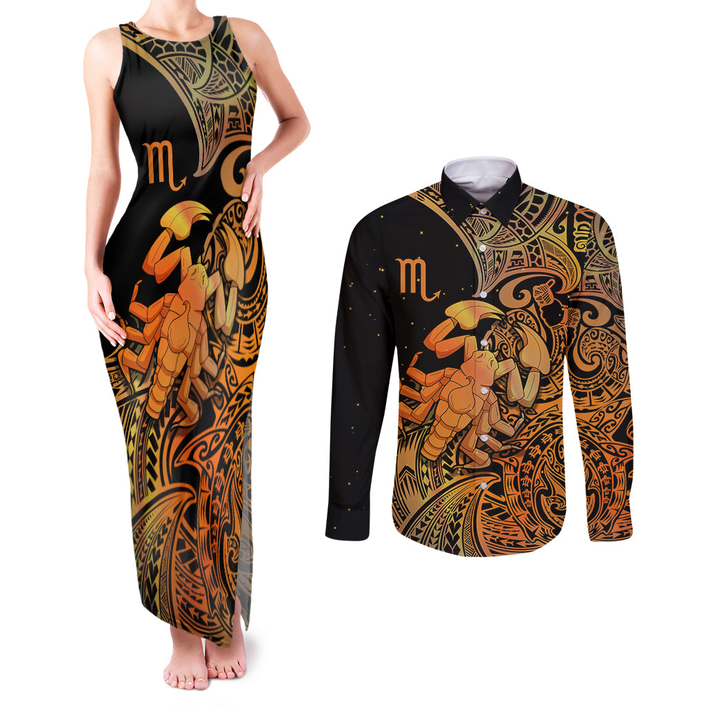 Zodiac Scorpio Couples Matching Tank Maxi Dress and Long Sleeve Button Shirts Polynesian in Orange TS04 Orange - Polynesian Pride