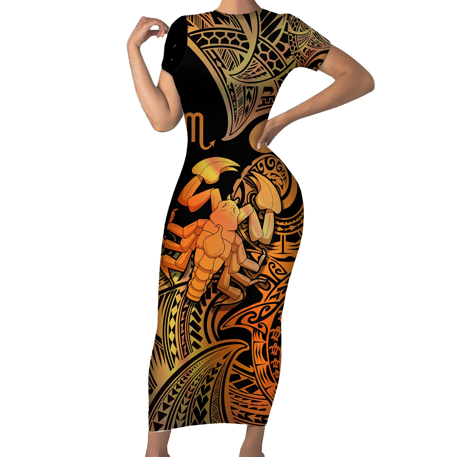 Zodiac Scorpio Short Sleeve Bodycon Dress Polynesian in Orange TS04 Long Dress Orange - Polynesian Pride