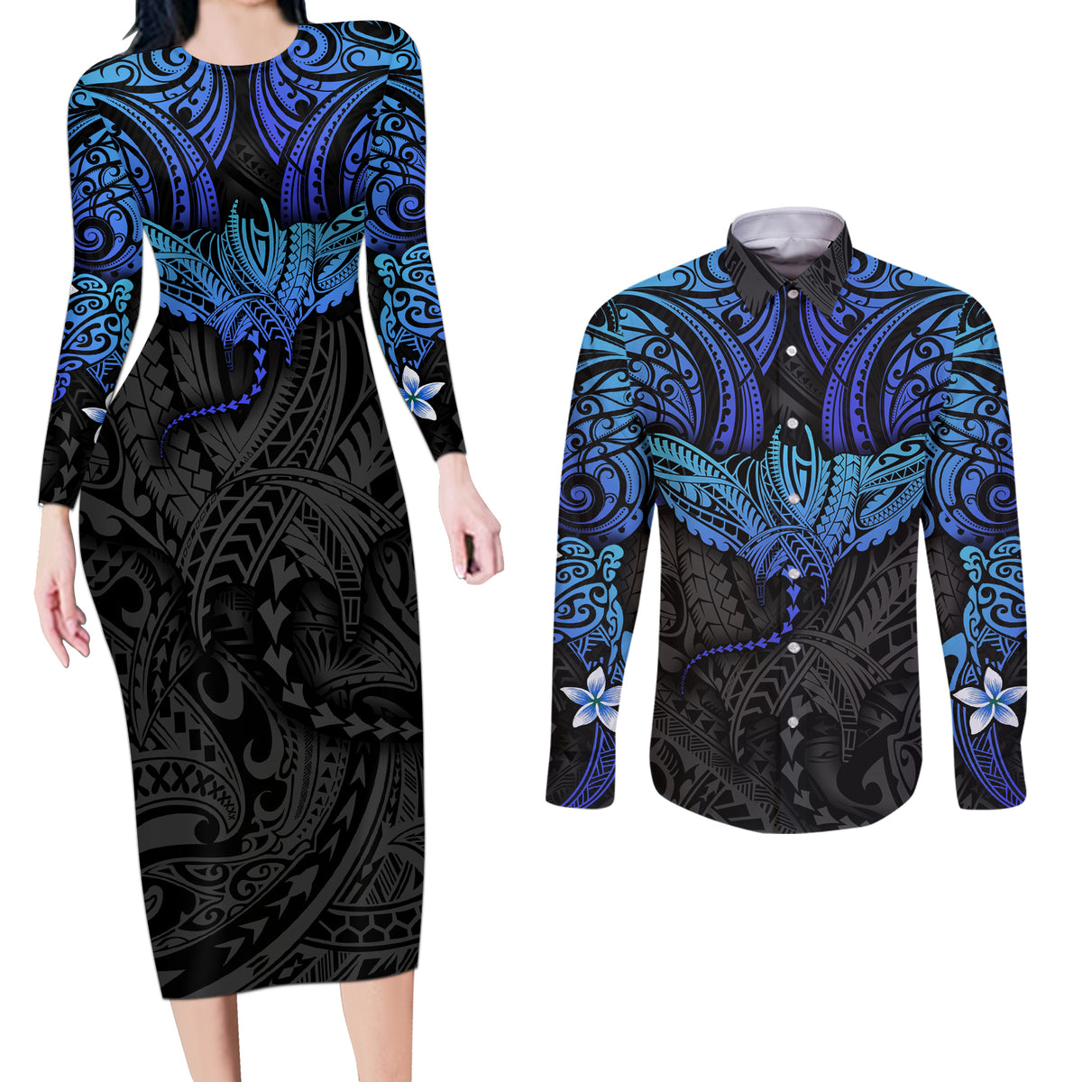 Polynesian Ray Pattern Couples Matching Long Sleeve Bodycon Dress and Long Sleeve Button Shirt TS04 Black/Blue - Polynesian Pride