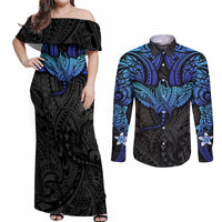 Polynesian Ray Pattern Couples Matching Off Shoulder Maxi Dress and Long Sleeve Button Shirt TS04 Black/Blue - Polynesian Pride