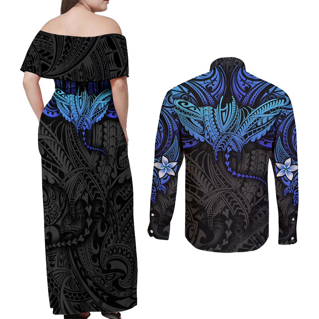 Polynesian Ray Pattern Couples Matching Off Shoulder Maxi Dress and Long Sleeve Button Shirt TS04 - Polynesian Pride