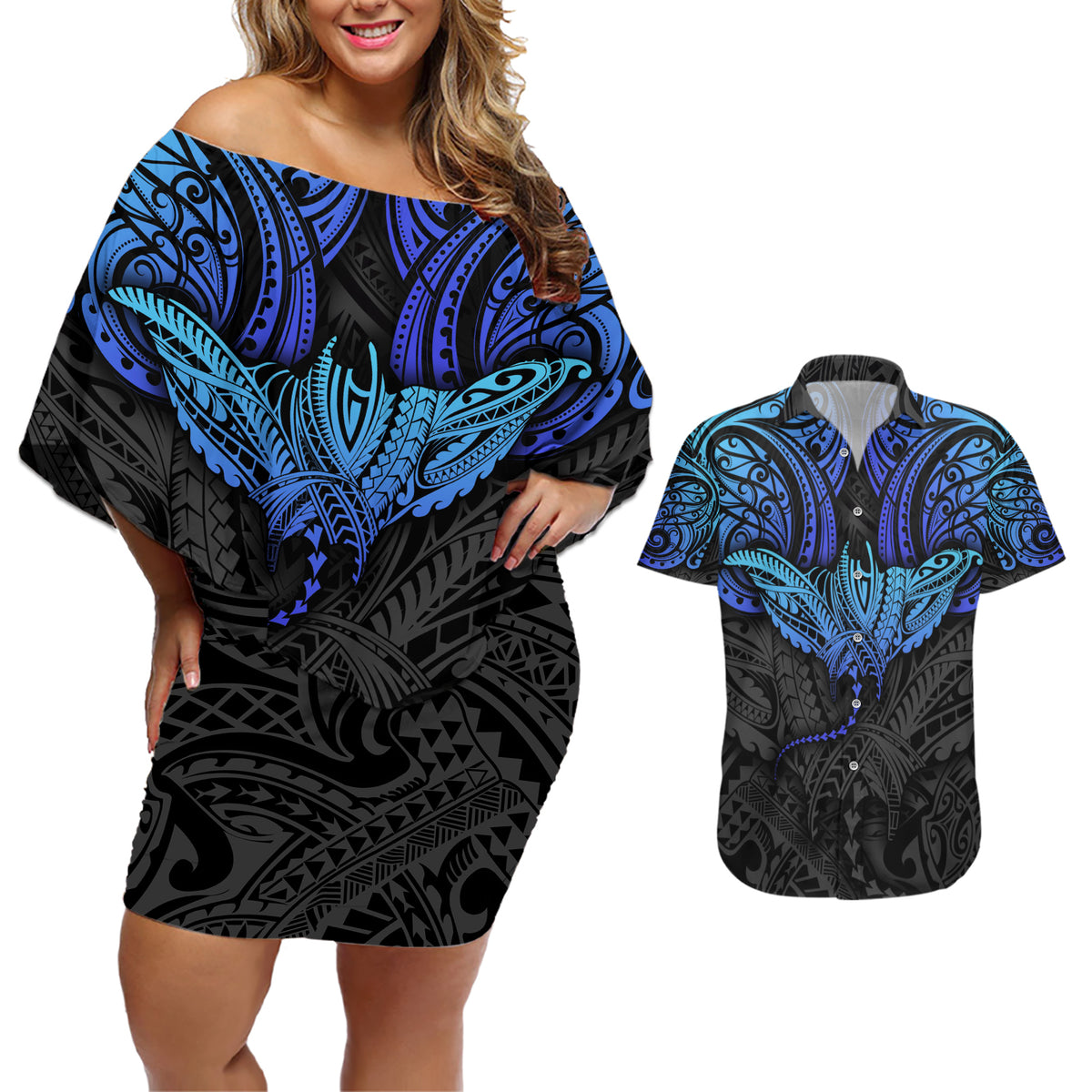 Polynesian Ray Pattern Couples Matching Off Shoulder Short Dress and Hawaiian Shirt TS04 Black/Blue - Polynesian Pride