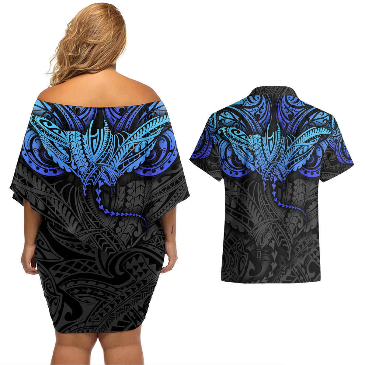Polynesian Ray Pattern Couples Matching Off Shoulder Short Dress and Hawaiian Shirt TS04 - Polynesian Pride