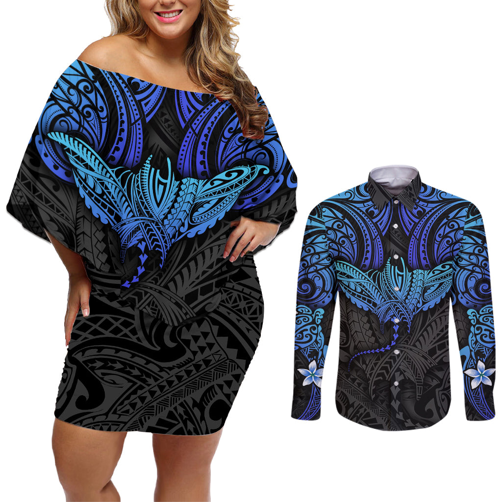 Polynesian Ray Pattern Couples Matching Off Shoulder Short Dress and Long Sleeve Button Shirt TS04 Black/Blue - Polynesian Pride
