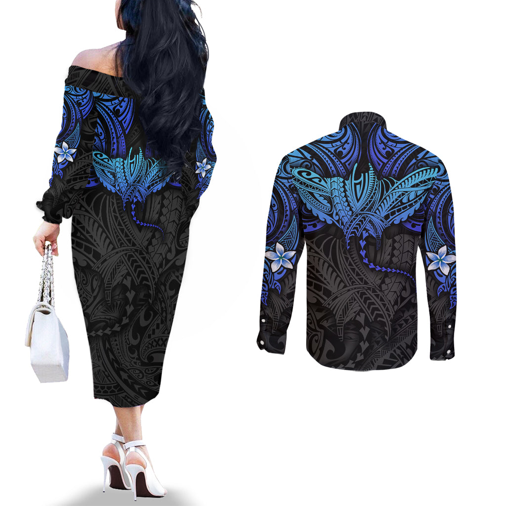 Polynesian Ray Pattern Couples Matching Off The Shoulder Long Sleeve Dress and Long Sleeve Button Shirt TS04 - Polynesian Pride