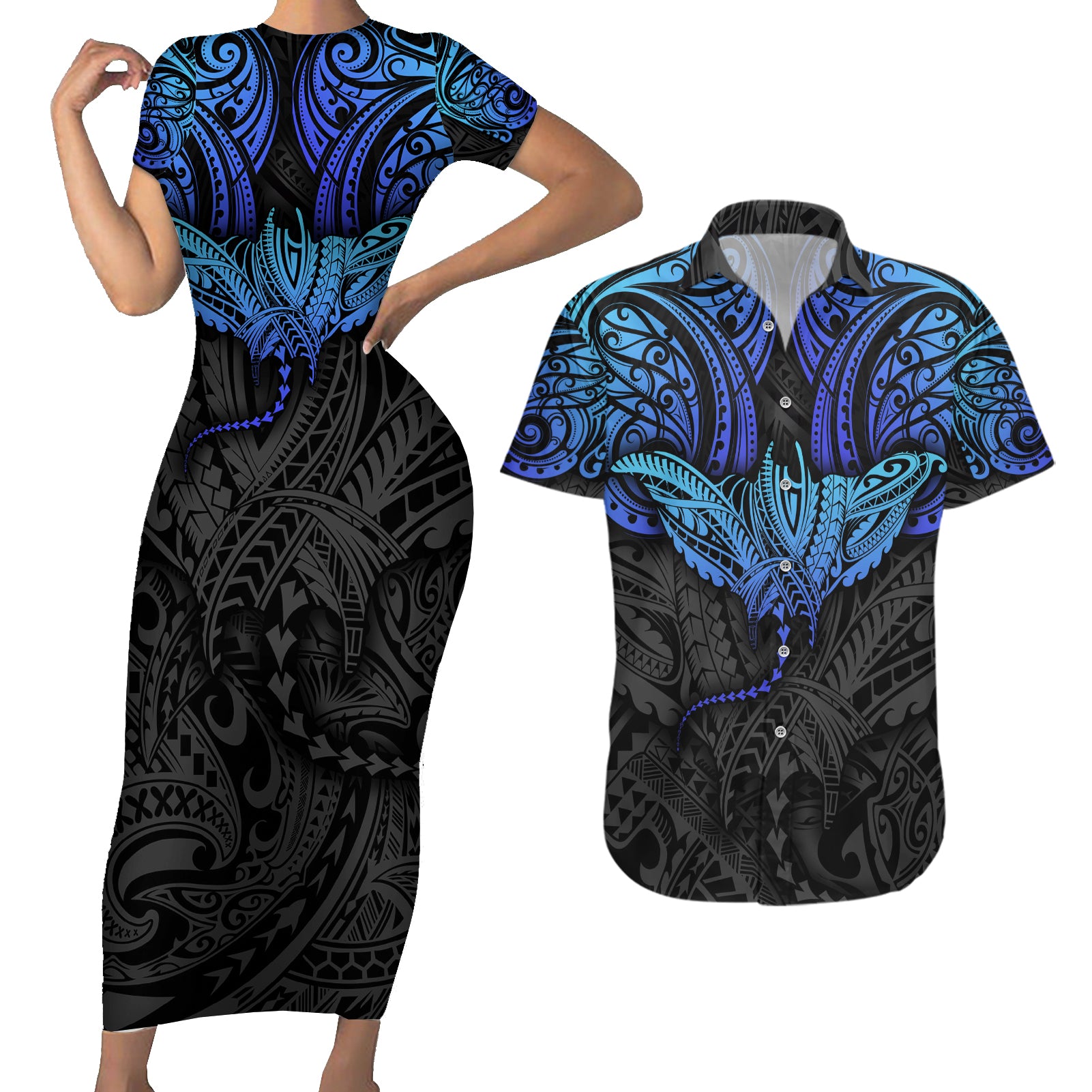 Polynesian Ray Pattern Couples Matching Short Sleeve Bodycon Dress and Hawaiian Shirt TS04 Black/Blue - Polynesian Pride