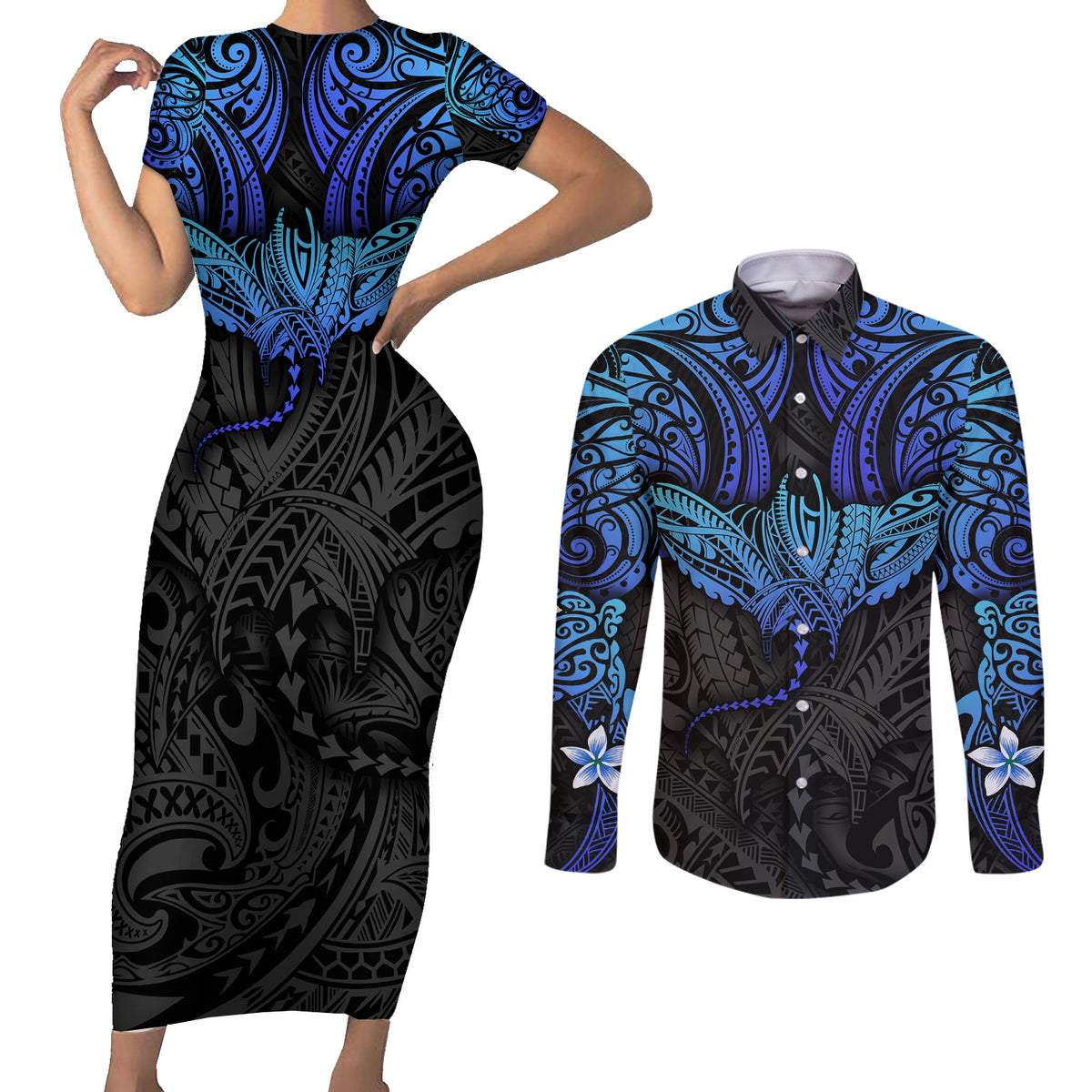 Polynesian Ray Pattern Couples Matching Short Sleeve Bodycon Dress and Long Sleeve Button Shirt TS04 Black/Blue - Polynesian Pride