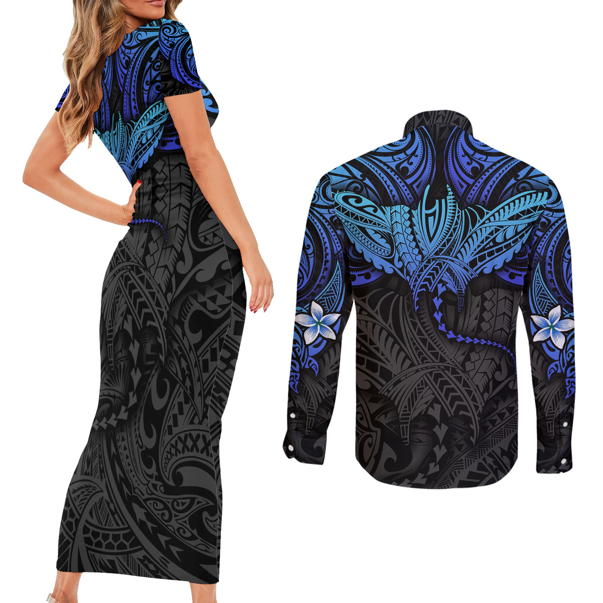 Polynesian Ray Pattern Couples Matching Short Sleeve Bodycon Dress and Long Sleeve Button Shirt TS04 - Polynesian Pride