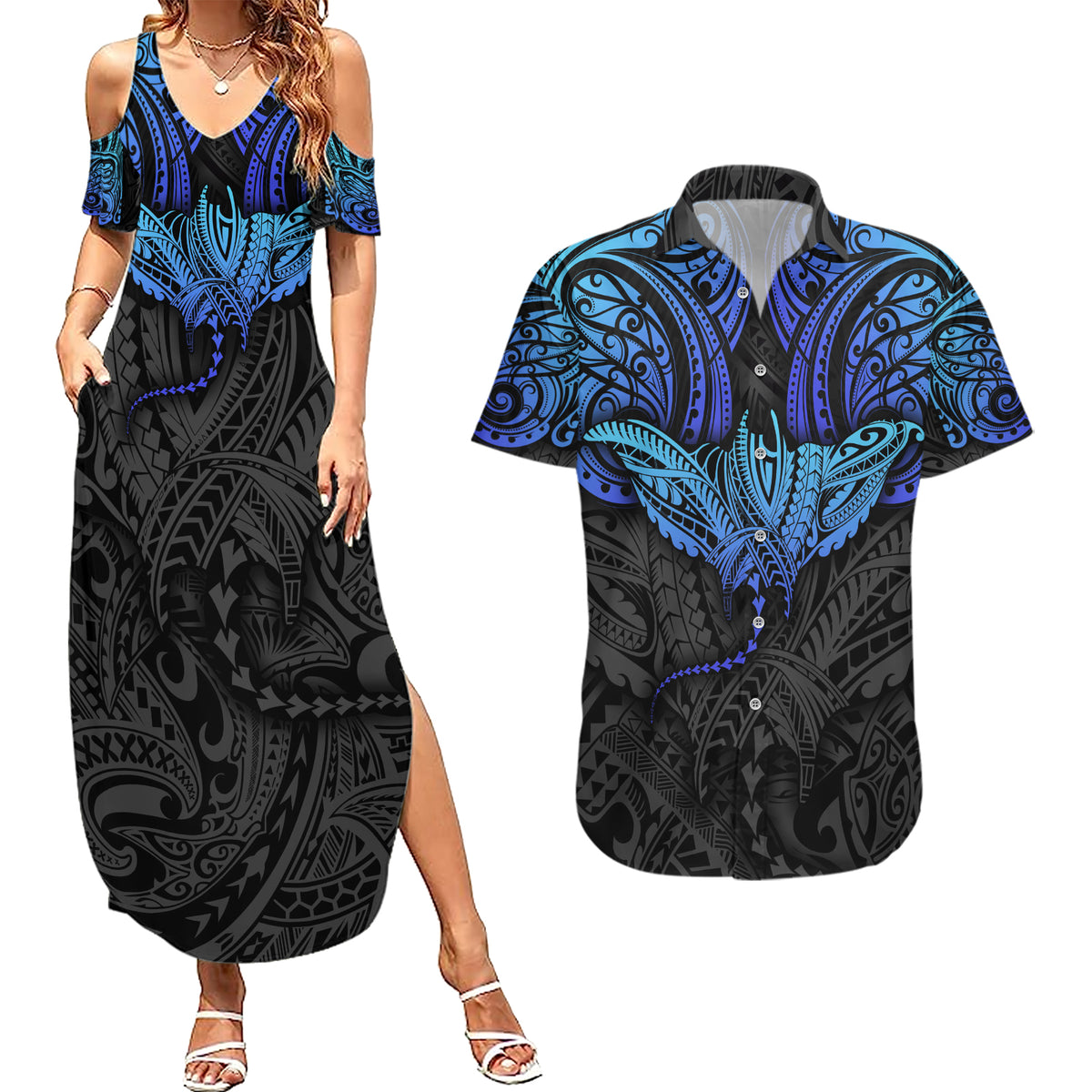 Polynesian Ray Pattern Couples Matching Summer Maxi Dress and Hawaiian Shirt TS04 Black/Blue - Polynesian Pride