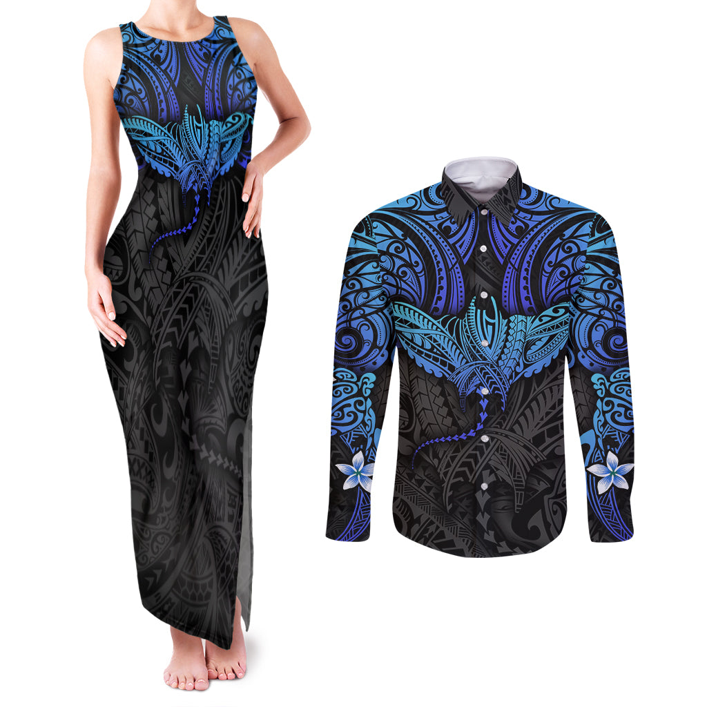 Polynesian Ray Pattern Couples Matching Tank Maxi Dress and Long Sleeve Button Shirt TS04 Black/Blue - Polynesian Pride