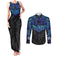 Polynesian Ray Pattern Couples Matching Tank Maxi Dress and Long Sleeve Button Shirt TS04 Black/Blue - Polynesian Pride
