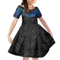 Polynesian Ray Pattern Family Matching Off Shoulder Long Sleeve Dress and Hawaiian Shirt TS04 Daughter's Dress Black/Blue - Polynesian Pride