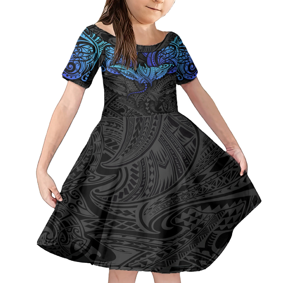 Polynesian Ray Pattern Family Matching Off Shoulder Maxi Dress and Hawaiian Shirt TS04 Daughter's Dress Black/Blue - Polynesian Pride