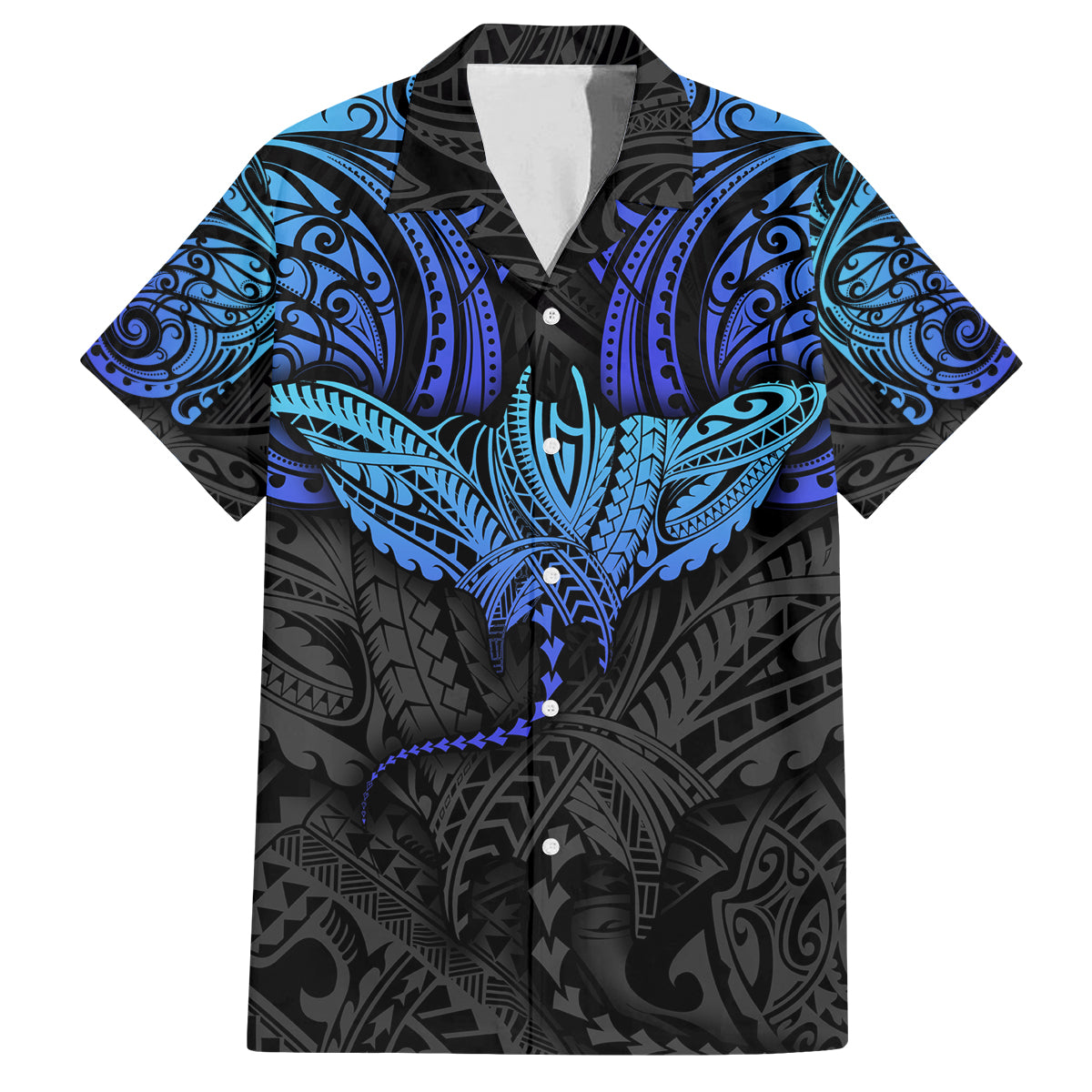 Polynesian Ray Pattern Family Matching Off Shoulder Short Dress and Hawaiian Shirt TS04 Dad's Shirt - Short Sleeve Black Blue - Polynesian Pride