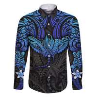 Polynesian Ray Pattern Family Matching Puletasi Dress and Hawaiian Shirt TS04 Dad's Shirt - Long Sleeve Black/Blue - Polynesian Pride