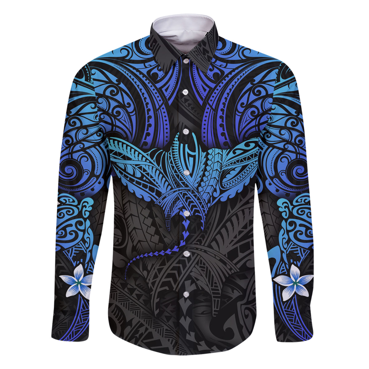 Polynesian Ray Pattern Family Matching Short Sleeve Bodycon Dress and Hawaiian Shirt TS04 Dad's Shirt - Long Sleeve Black/Blue - Polynesian Pride