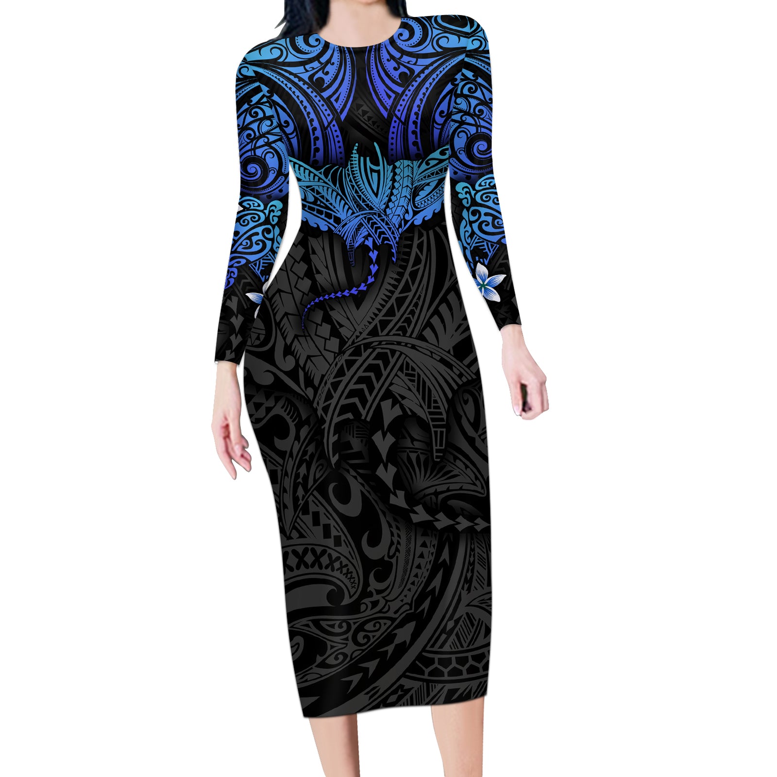 Polynesian Ray Pattern Long Sleeve Bodycon Dress TS04 Long Dress Black Blue - Polynesian Pride