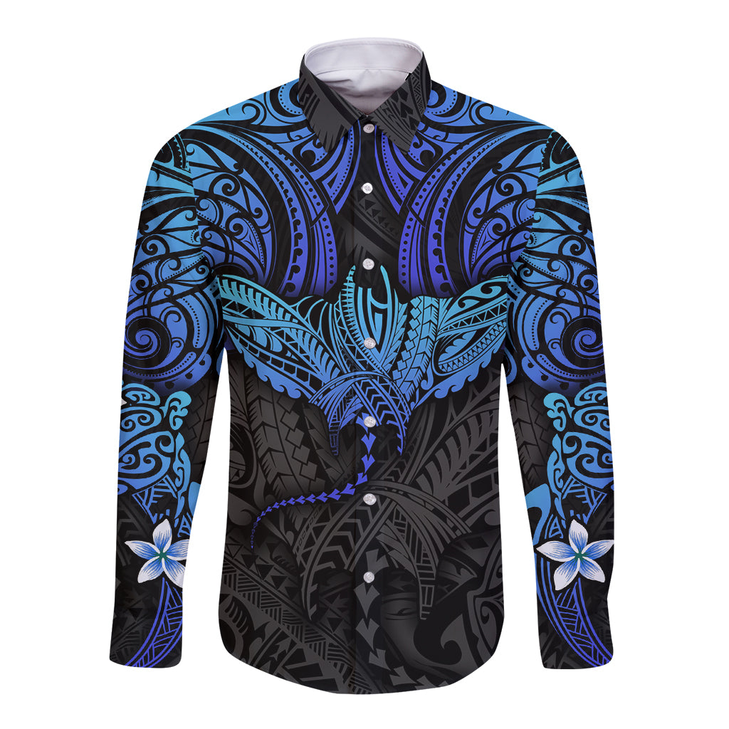 Polynesian Ray Pattern Long Sleeve Button Shirt TS04 Unisex Black/Blue - Polynesian Pride