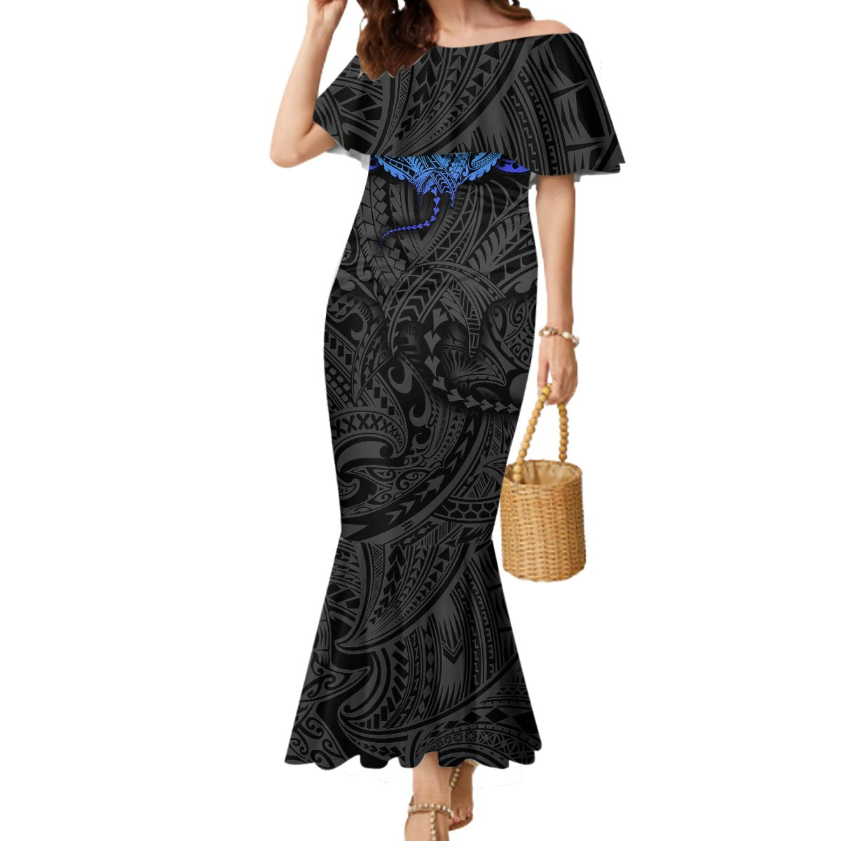 Polynesian Ray Pattern Mermaid Dress TS04 Women Black Blue - Polynesian Pride