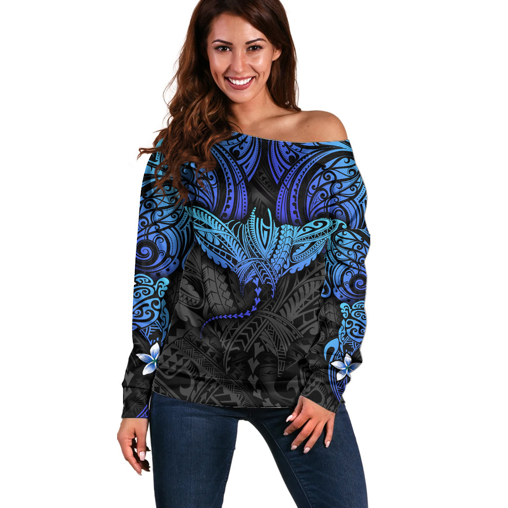 Polynesian Ray Pattern Off Shoulder Sweater TS04 Women Black Blue - Polynesian Pride