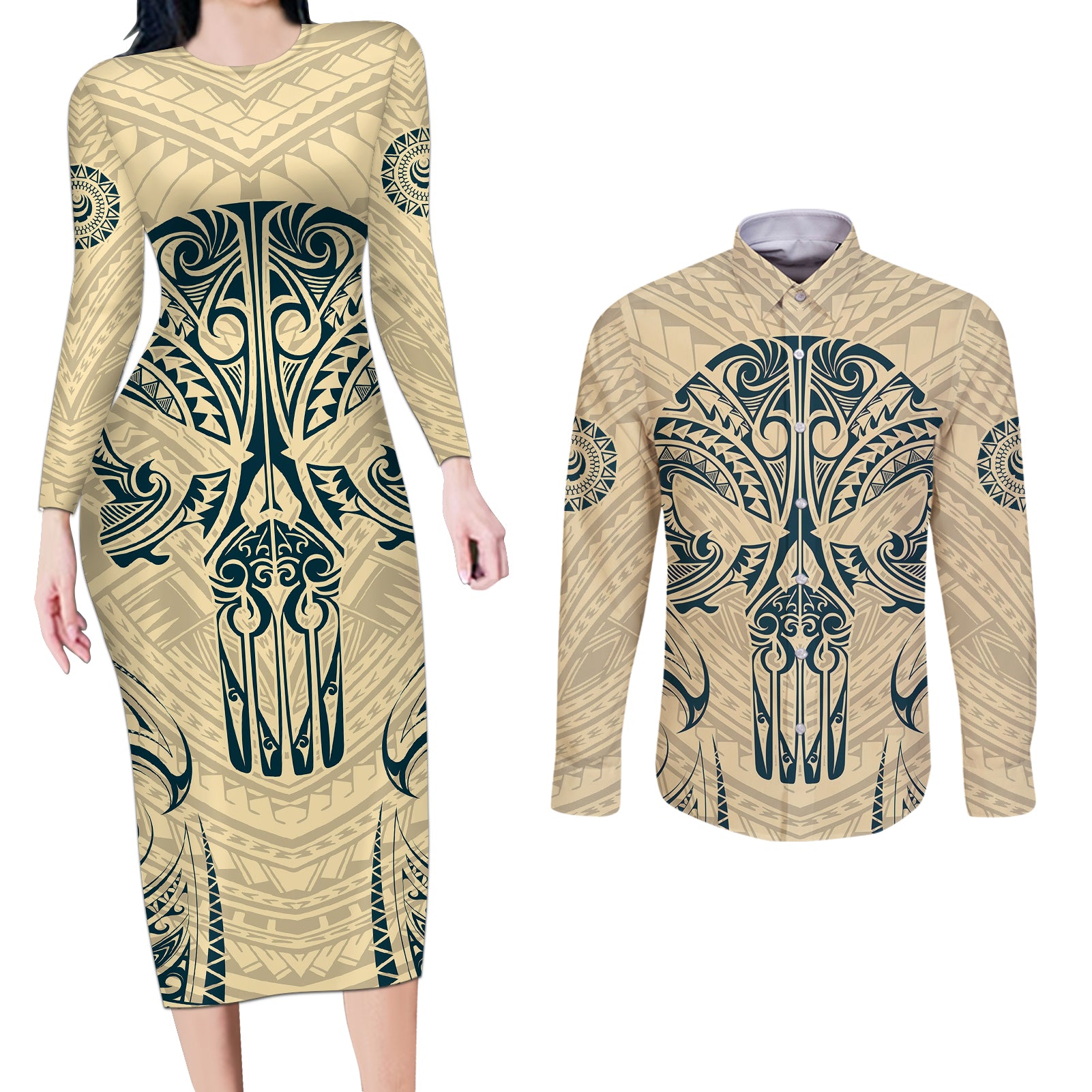 Polynesian Couples Matching Long Sleeve Bodycon Dress and Long Sleeve Button Shirts Warrior Skull with Tribal Patterns Tattoo Design TS04 Yellow - Polynesian Pride