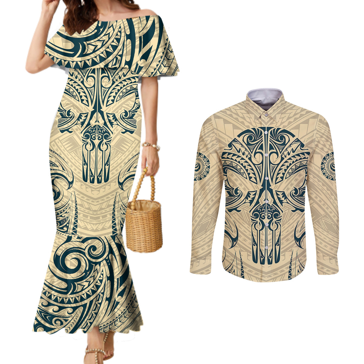 Polynesian Couples Matching Mermaid Dress and Long Sleeve Button Shirts Warrior Skull with Tribal Patterns Tattoo Design TS04 Yellow - Polynesian Pride