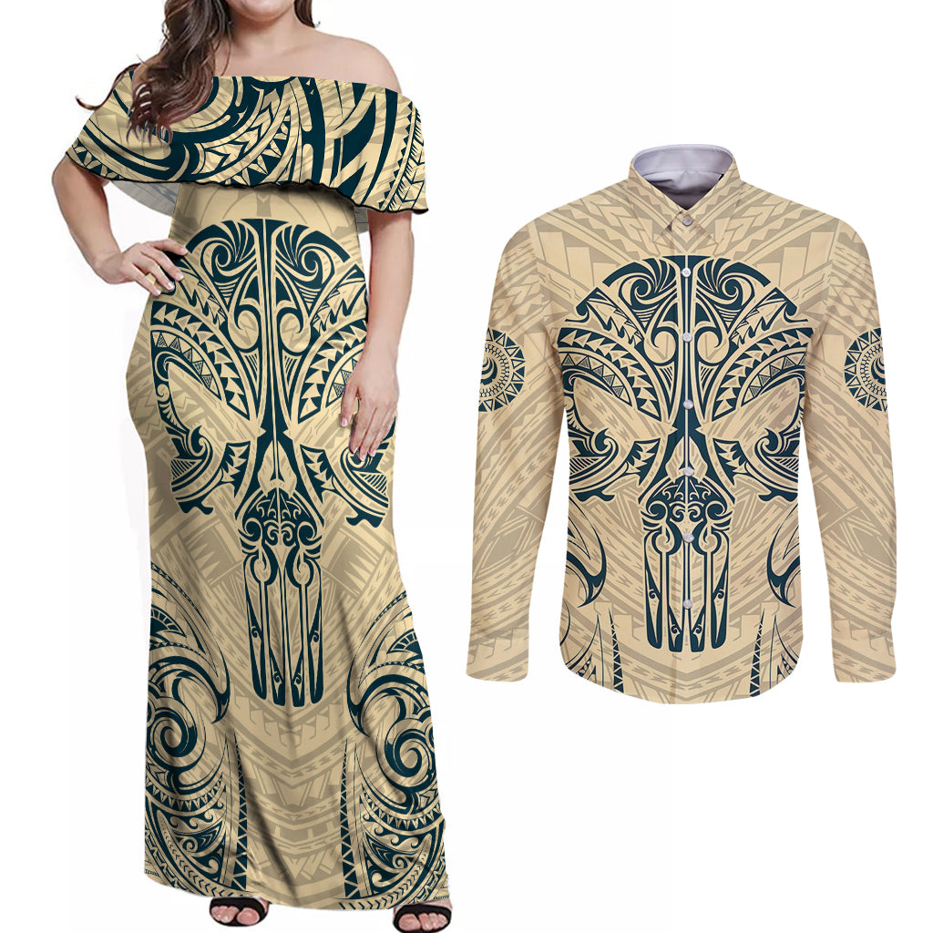 Polynesian Couples Matching Off Shoulder Maxi Dress and Long Sleeve Button Shirts Warrior Skull with Tribal Patterns Tattoo Design TS04 Yellow - Polynesian Pride